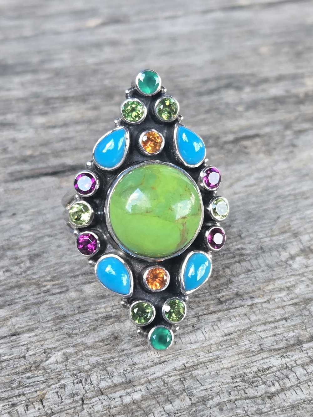 Nicky Butler 925 Sterling Silver Designer Ring Size 10 Turquoise Garnet Peridot